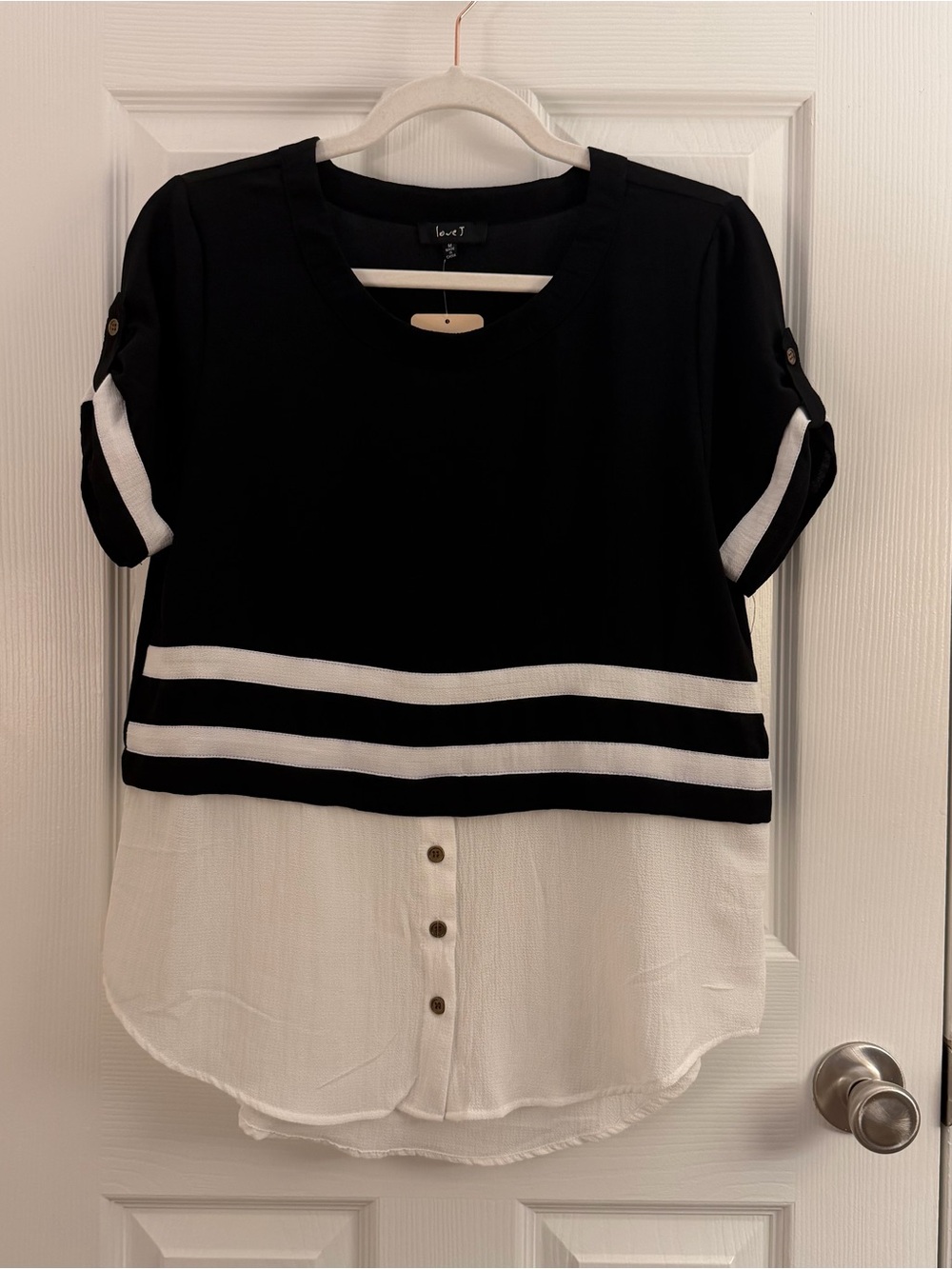 Love J Black White Color Block Roll Tab Sleeve Blouse Medium